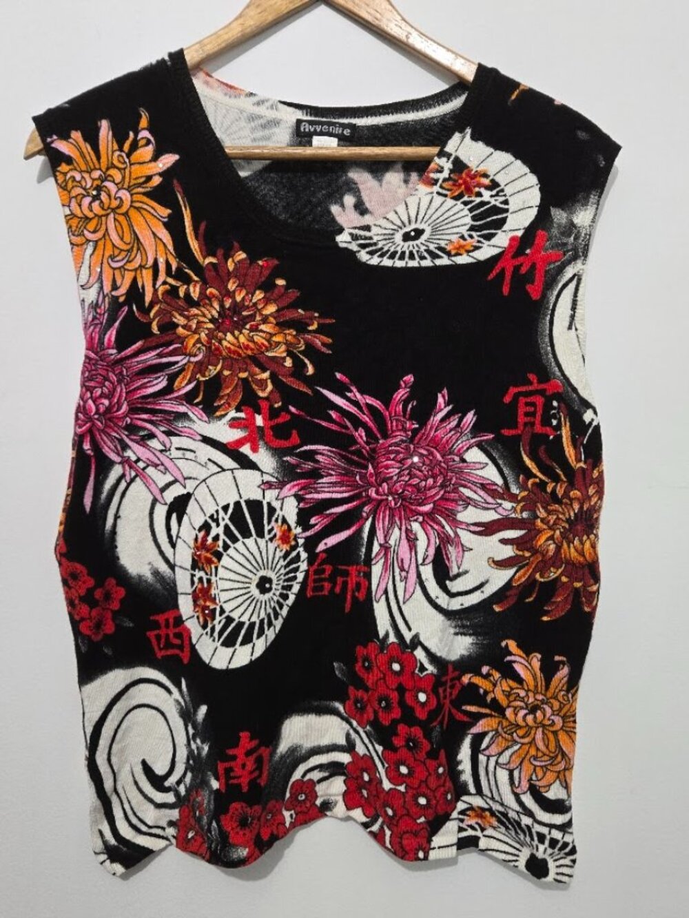 Avvenire Womens Vtg Y2K 90s Asian Tattoo Print Tank Top Sz XL Floral Rhinestones